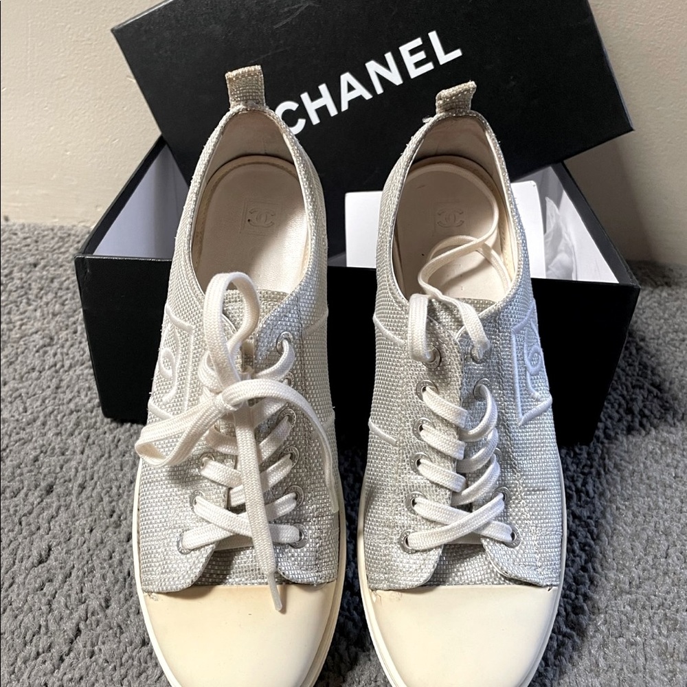 Chanel Silver Shimmer Metallic Sneakers
